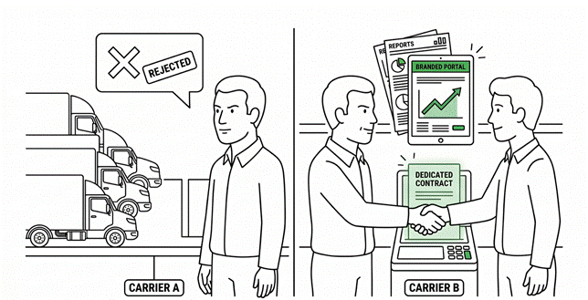 Carrier A rejected for the dedicated contract while Carrier B wins it by showing branded portal reports