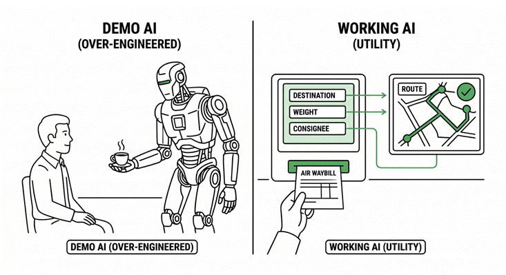 Demo AI as an over-engineered humanoid robot serving coffee versus working AI quietly processing air waybills and routing deliveries