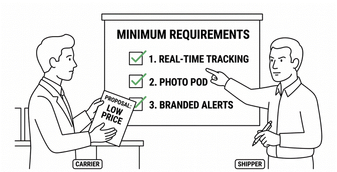 Shipper pointing to minimum requirements — real-time tracking, photo POD, branded alerts — while carrier holds a low-price proposal