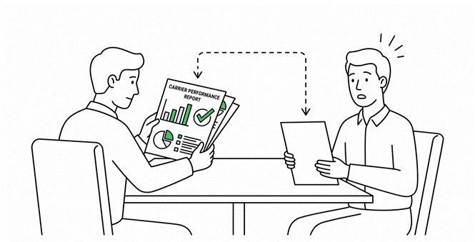 Shipper holding a carrier performance report across the table from a concerned carrier